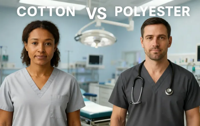 Nurse wearing cotton vs polyester scrubs side by side in hospital setting