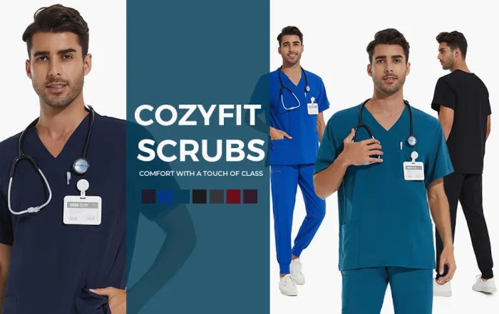 Doctors and nurses wearing custom medical scrubs in various colors like navy, green, and ceil blue