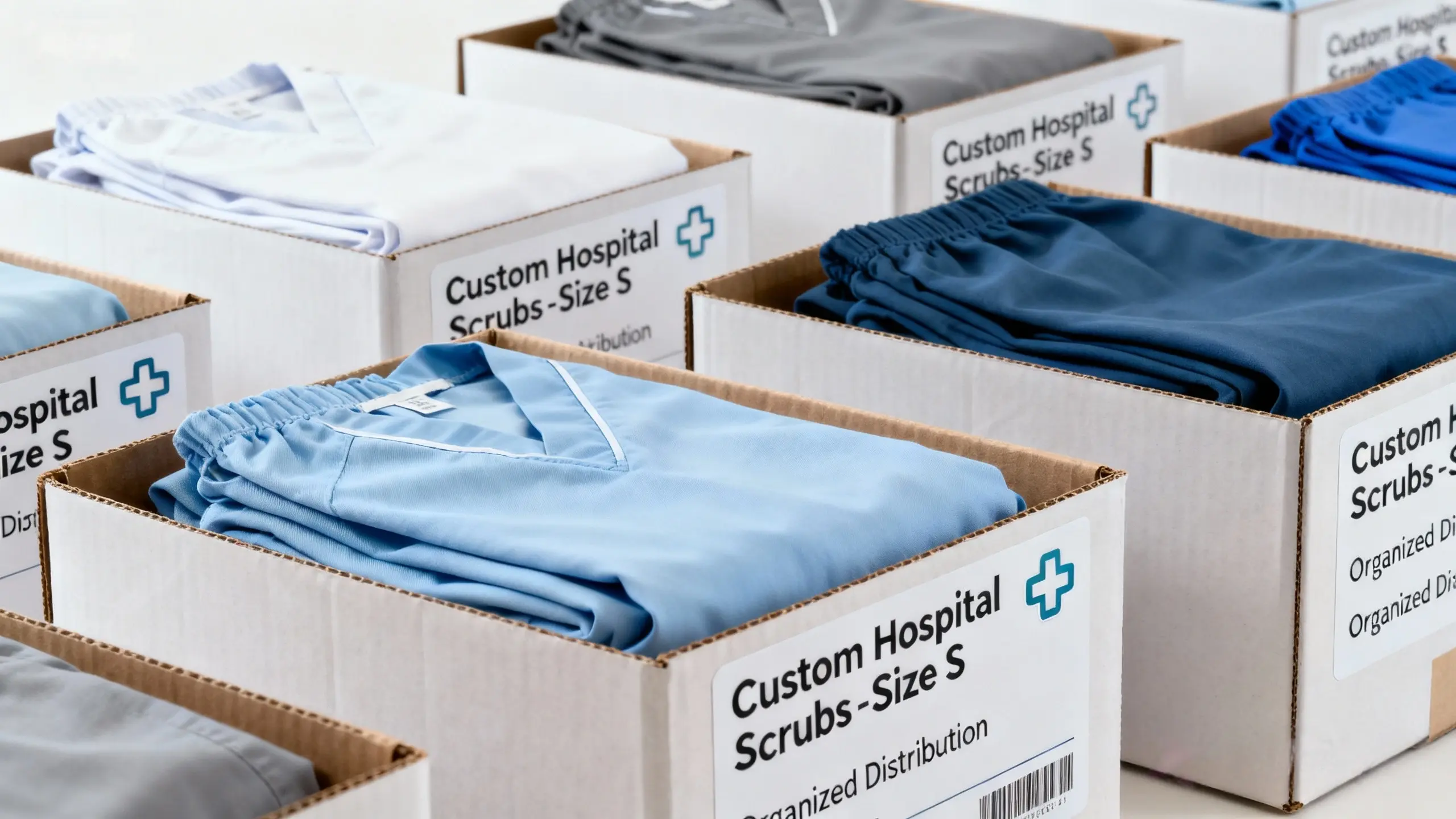 Custom hospital scrubs packed with labeled boxes for organized shipping.
