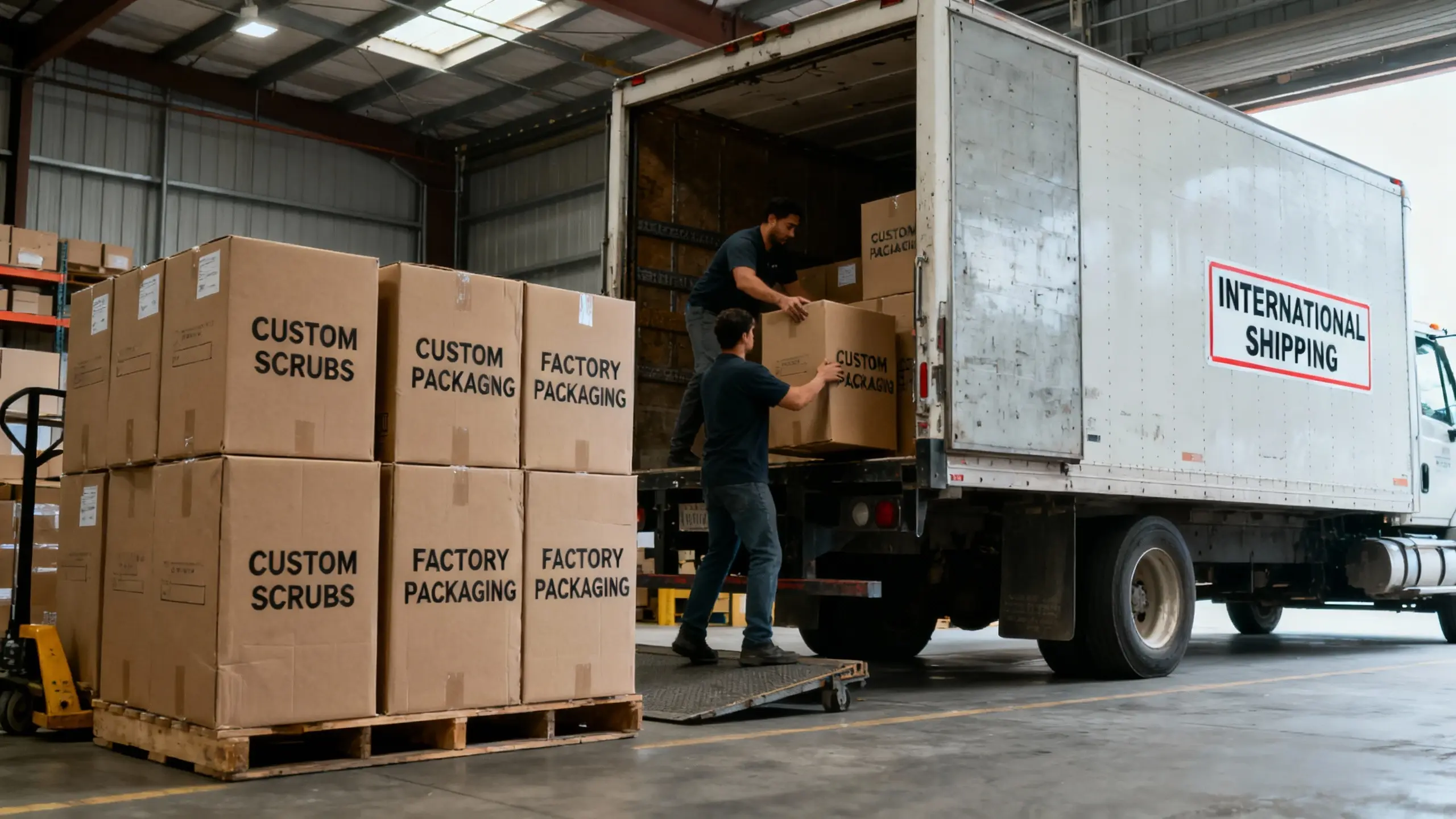 Bulk-packed custom scrubs in factory packaging, ready for international shipping