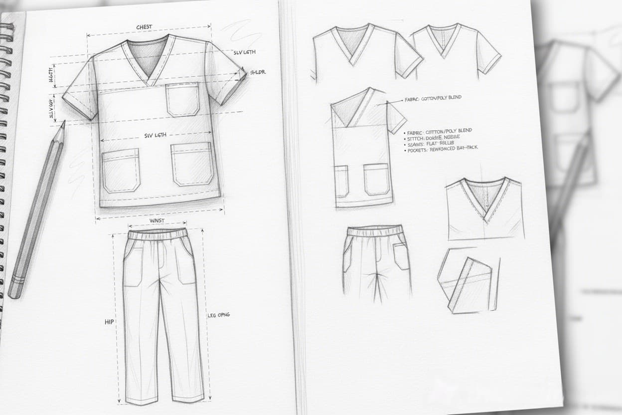 Sketch of a scrub top with pockets and seams.
