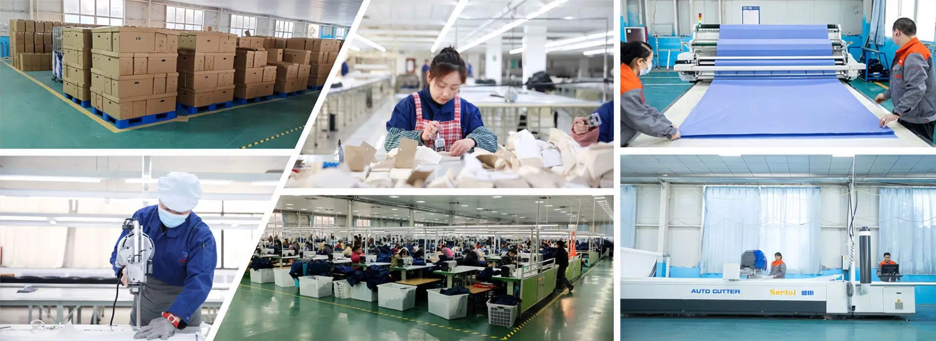 Workers sewing scrubs on a factory production line.
