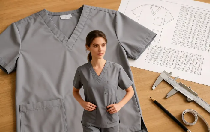 Gray scrub sample laid flat with measuring tools.