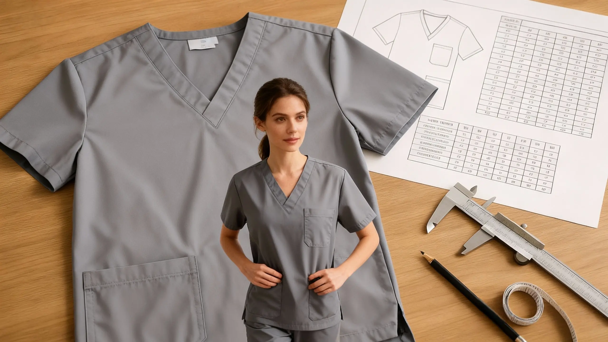 Gray scrub sample laid flat with measuring tools.