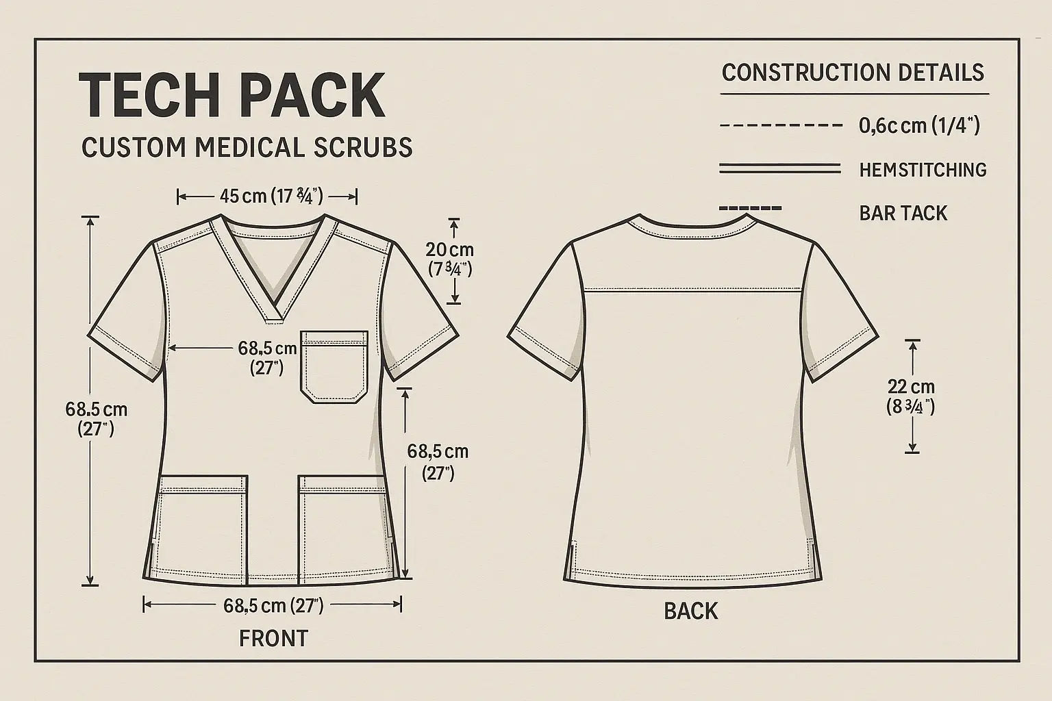 Tech pack with scrub measurements and stitching lines.