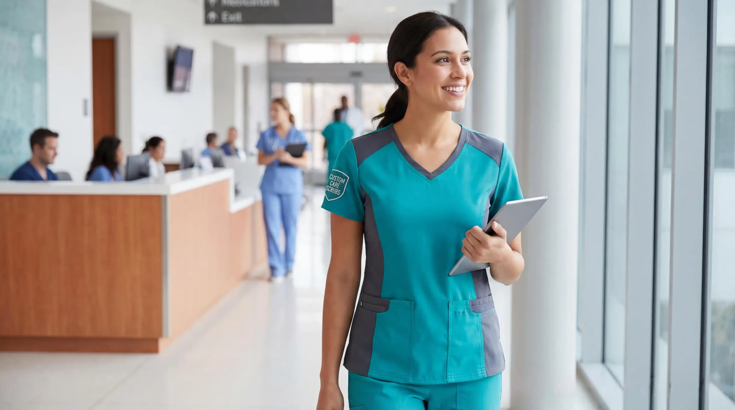 Healthcare worker in comfortable custom scrubs designed to improve employee satisfaction and efficiency.