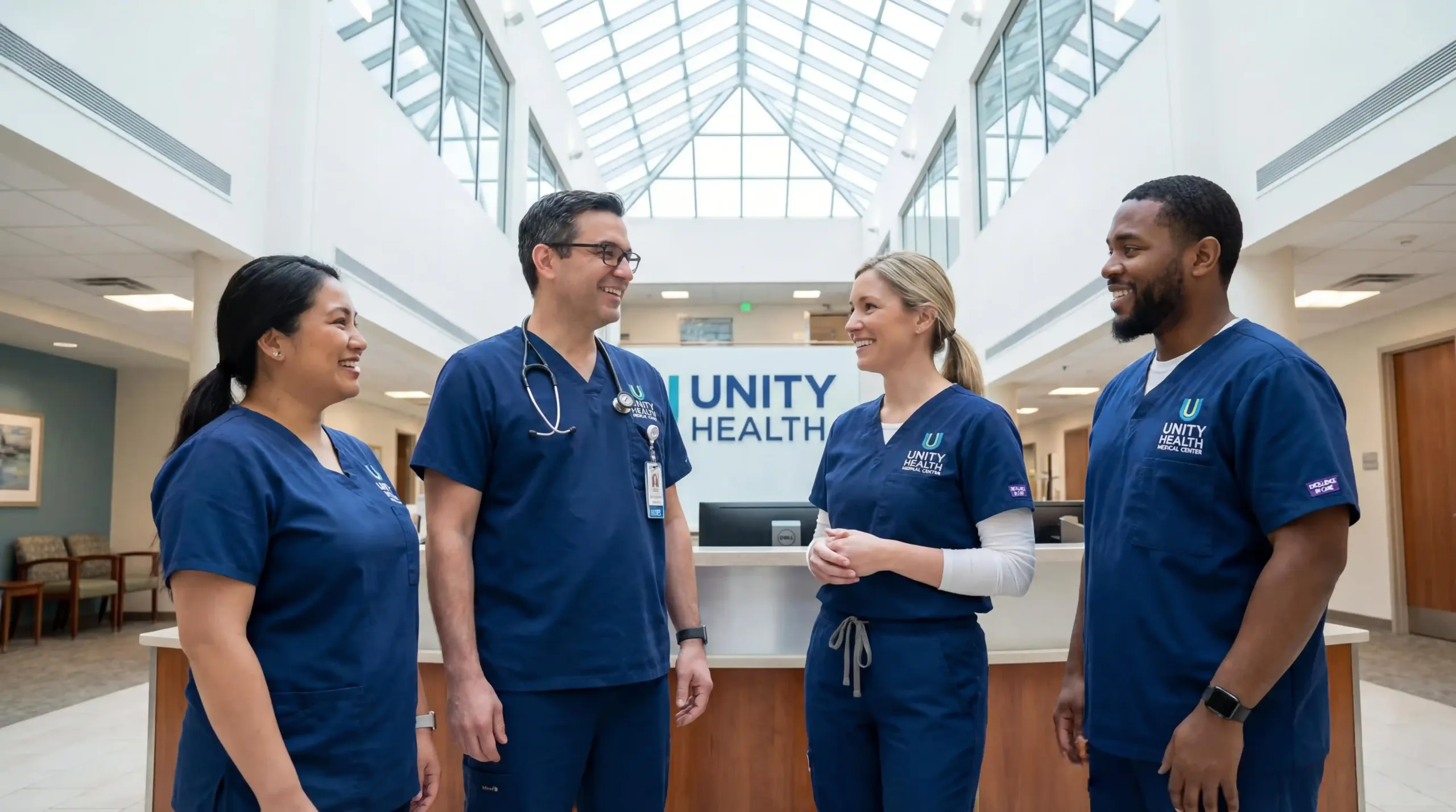 Hospital staff in custom medical scrubs representing professionalism and hospital branding.