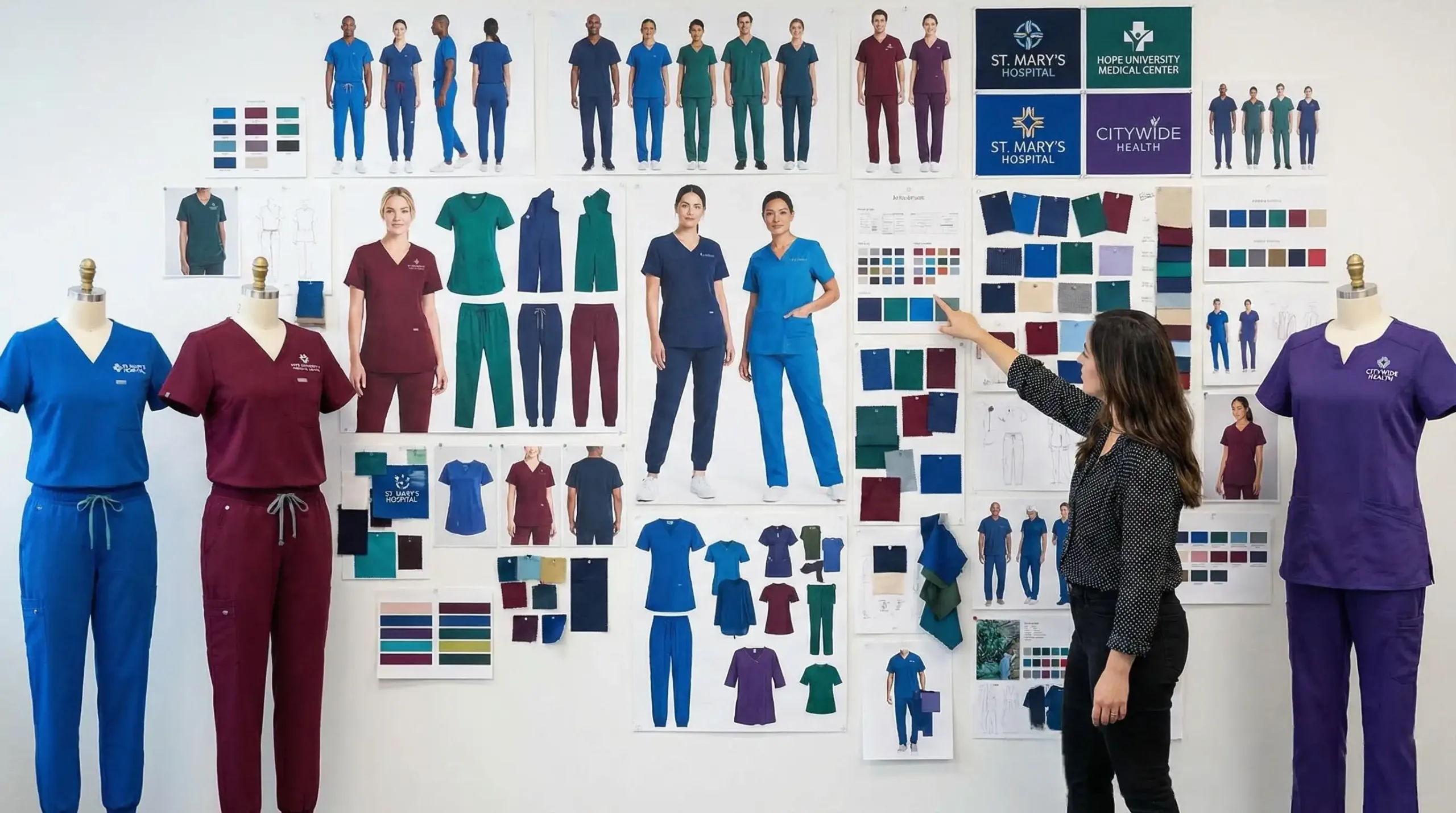 Custom medical scrubs design options showcasing a variety of styles and colors for hospital branding.