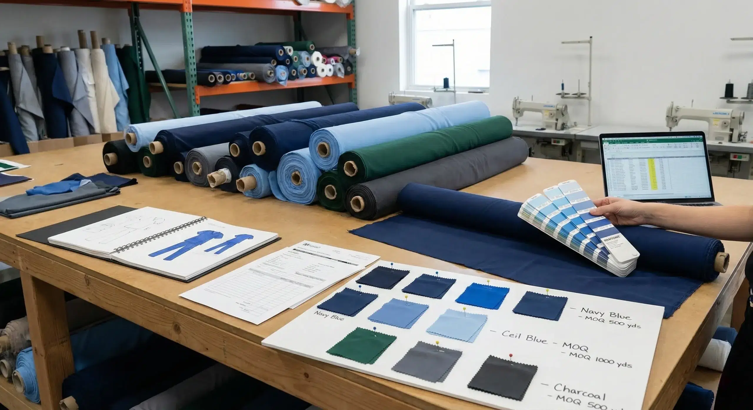 MOQ Drivers Fabric and Colorways Fabric rolls and color swatches used to plan scrub MOQ by colorway