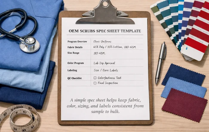 OEM medical scrubs spec sheet template for buyers