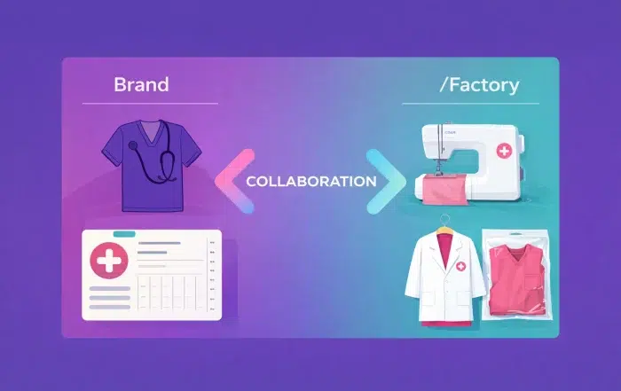 Medical uniform brand and factory collaboration infographic