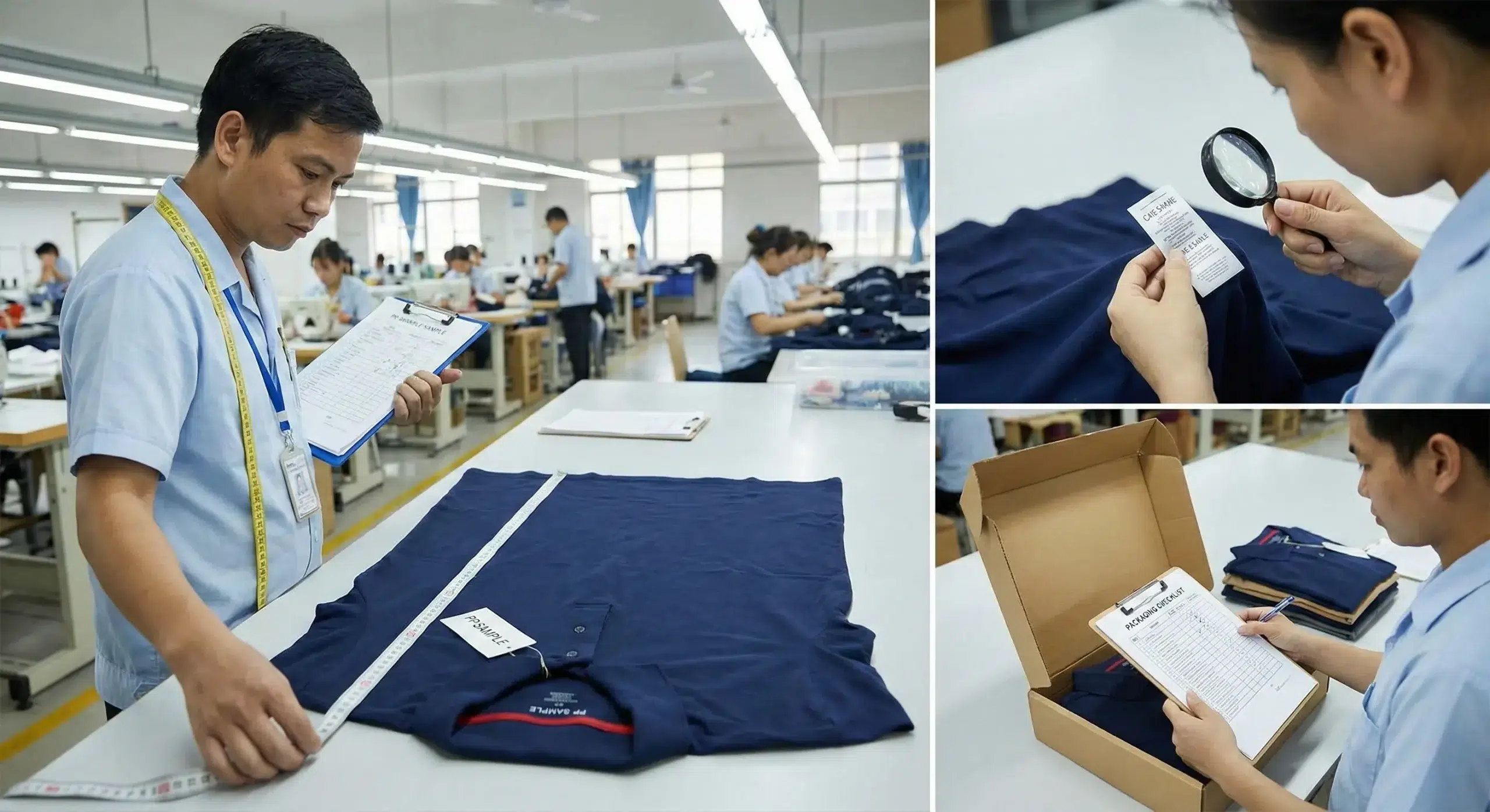 PP sample inspection with measurement, labeling, and packaging checks.