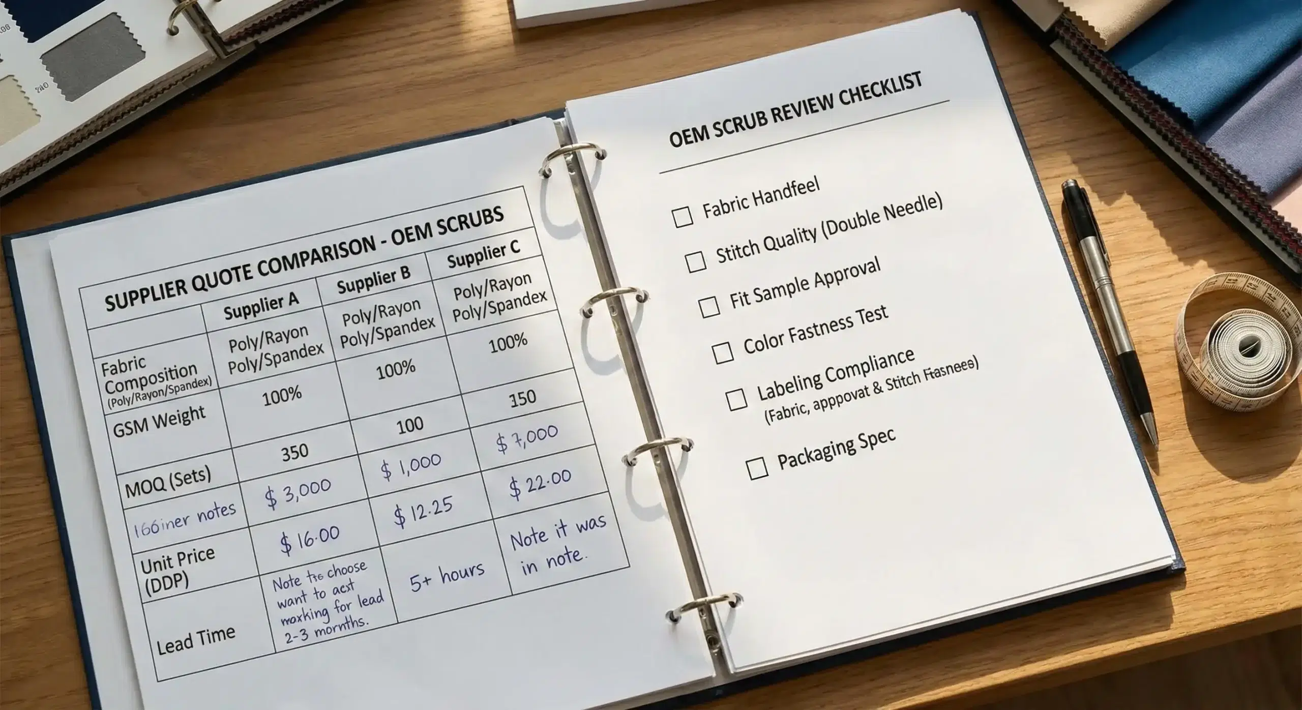 Side-by-side supplier quote comparison with a checklist for OEM scrubs.