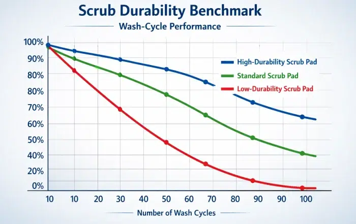 Scrub fabric durability across wash cycles.