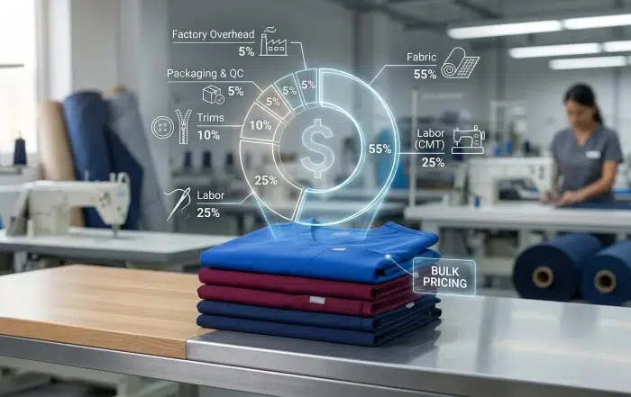 A detailed medical scrub cost breakdown overlay on a stack of scrubs in a garment factory, showing percentages for fabric, labor, and trims for bulk pricing.