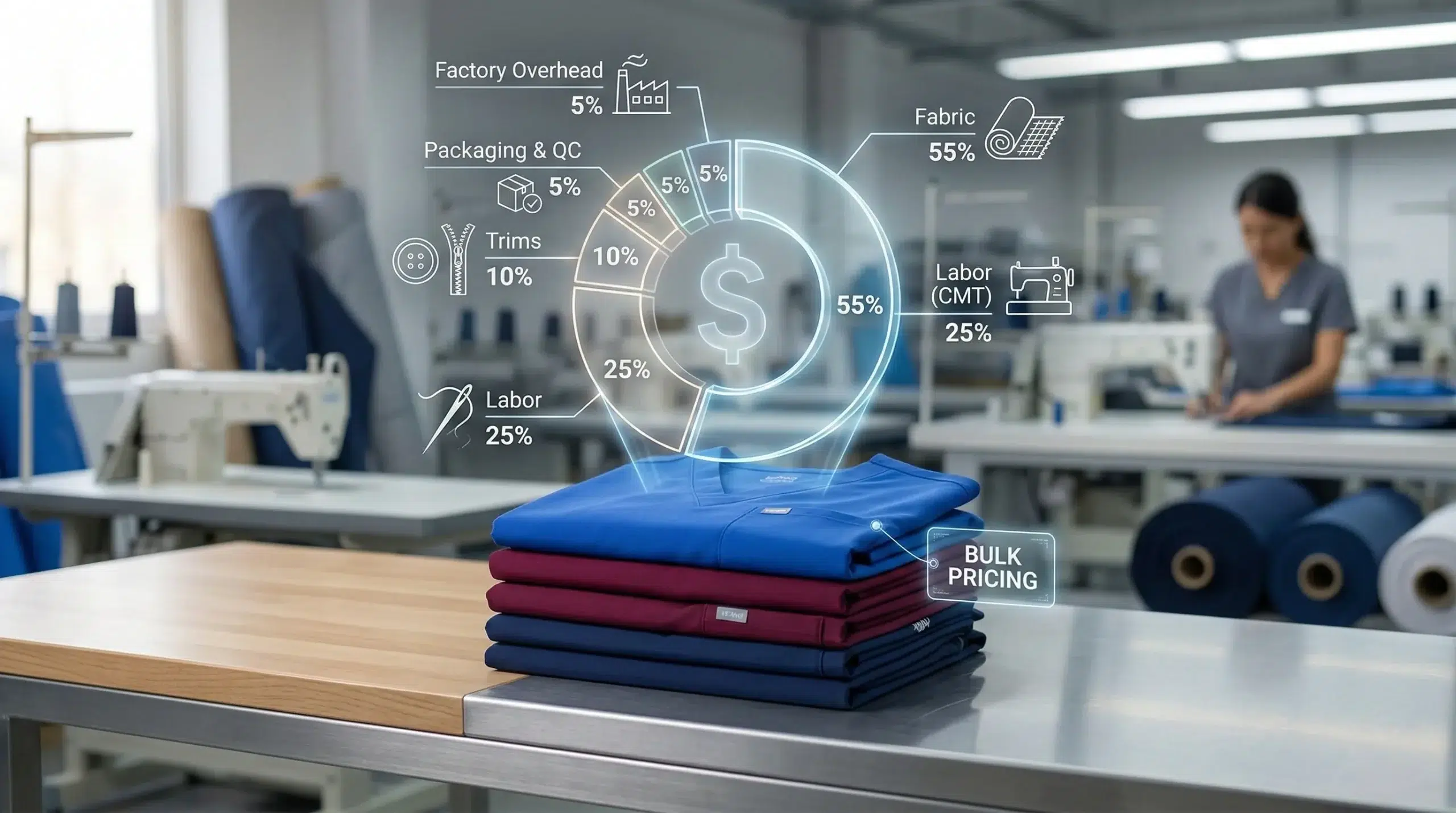 A detailed medical scrub cost breakdown overlay on a stack of scrubs in a garment factory, showing percentages for fabric, labor, and trims for bulk pricing.