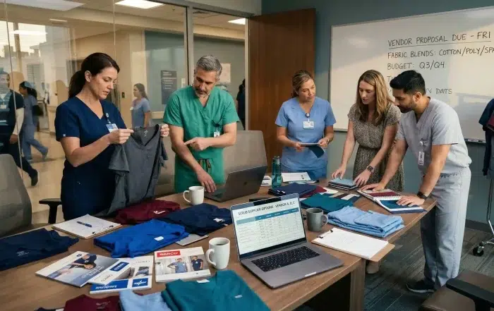 Hospital team reviewing bulk scrub samples and supplier options