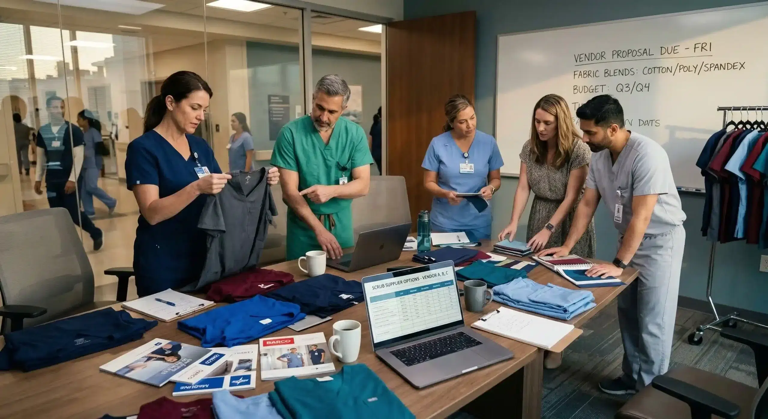 Hospital team reviewing bulk scrub samples and supplier options
