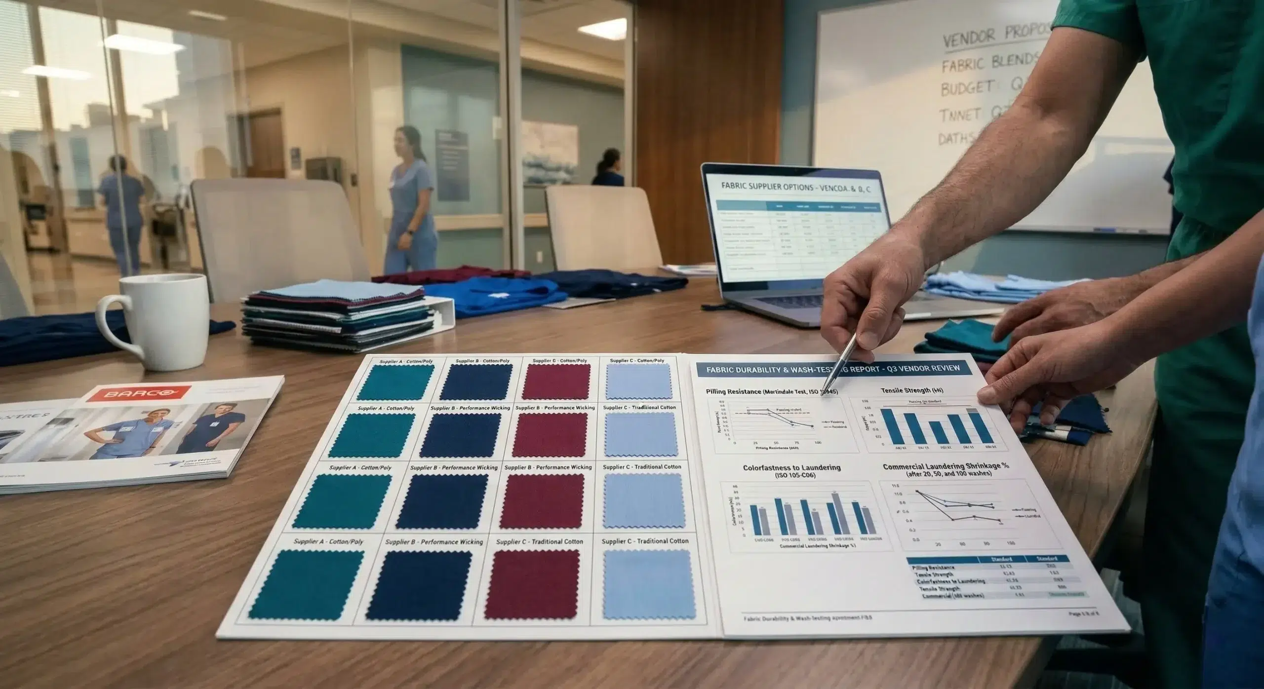 Scrub fabric swatches and wash-testing notes for durability standards.