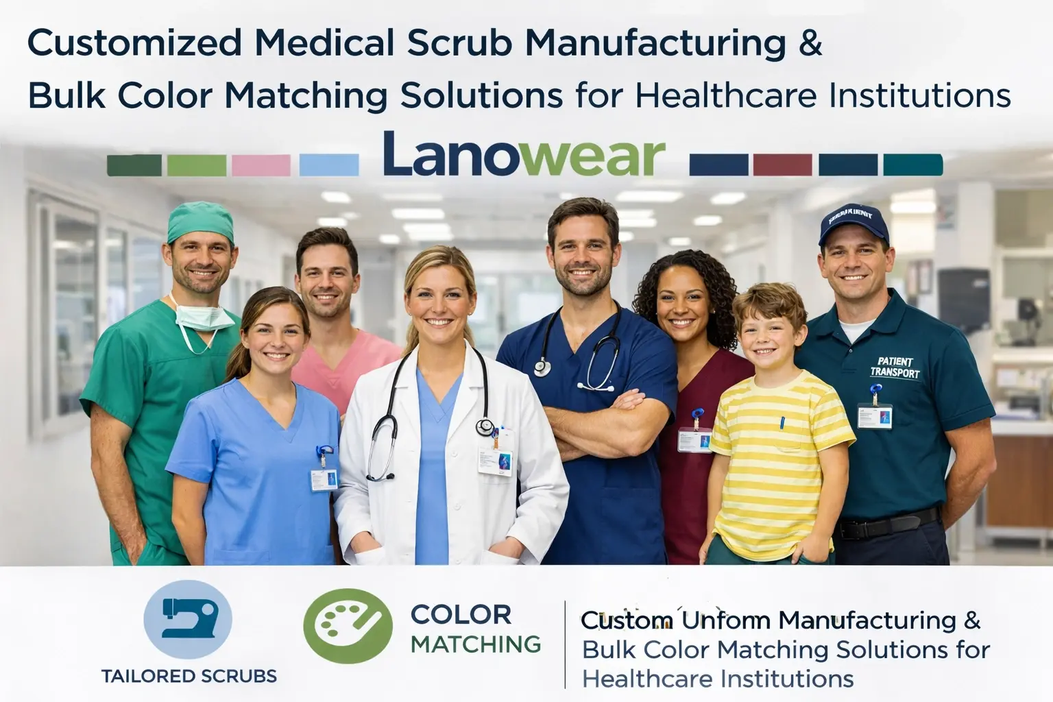Customized medical scrub manufacturing and bulk color matching solutions by Lanowear for healthcare institutions
