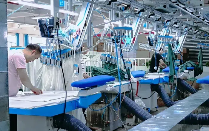 Advanced vertical production line in a scrubs manufacturing factory