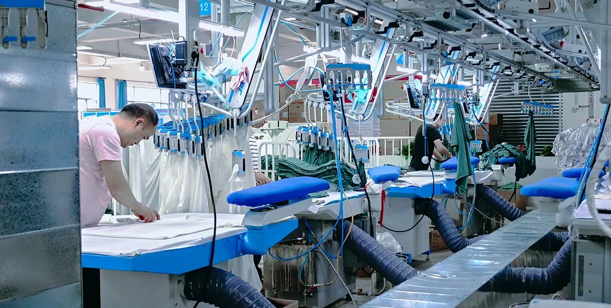 Advanced vertical production line in a scrubs manufacturing factory