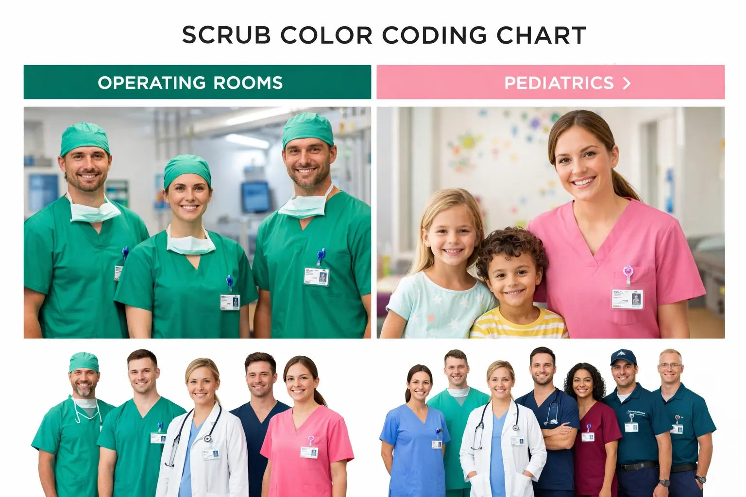 Department-specific scrub color coding such as green for operating rooms and pink for pediatrics to enhance patient safety