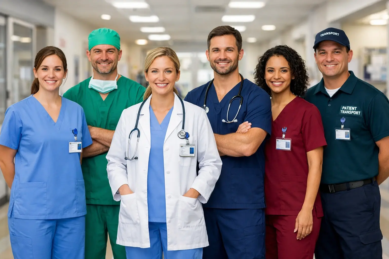 Professional hospital staff wearing standardized medical scrub colors to improve role identification and team image